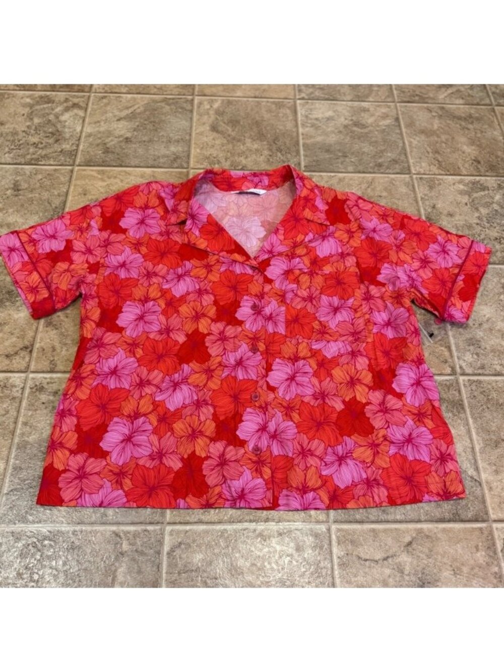 Sonoma Red Pink Hibiscus Floral Button Down Pajama Top Short Sleeve Large